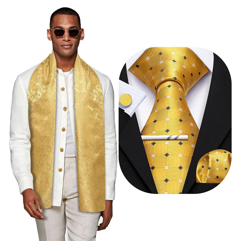 4915 Gold Scarf and Tie with Tie Clip Plaid Silk Necktie Pocket Square